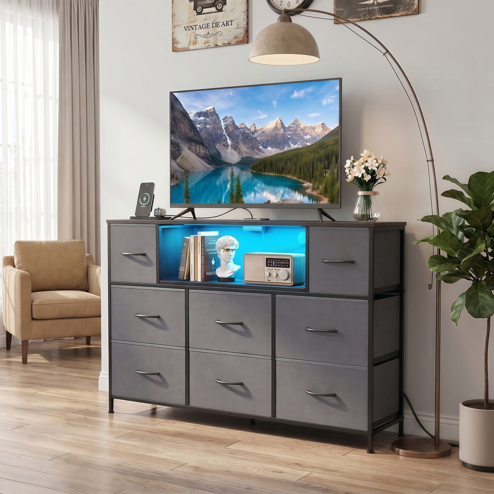 BEAUTYPEAK TV Stand Dresser with 8 Fabric Drawers LED Light Open Shelf AC & USB-C Charging Station, Gray