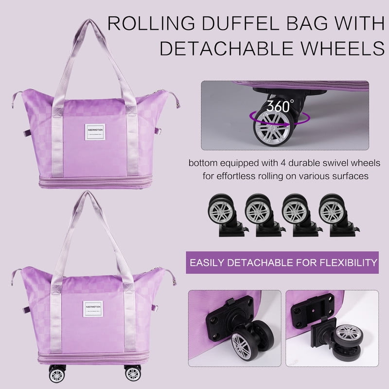 NBERMOTION Expandable Rolling Duffle Bag - Large Carry-On With Spinner Wheels, Foldable Weekend Travel Bag, 28-58L Capacity(Purple)
