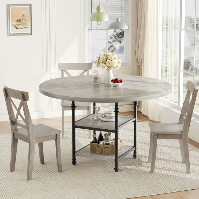 Table à Manger Ronde pour 4, Table de Cuisine Style Ferme avec Étagères de Rangement, Table Ronde pour le Souper, Tables de Salle à Manger en Bois avec Pattes en Métal pour Cuisine, Salon, Salle à Manger