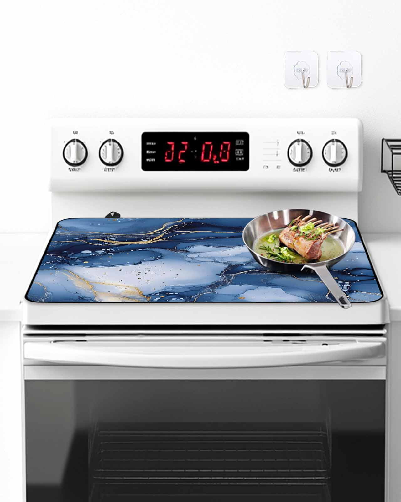 Stove Top Covers for Electric Stove, Marble Blue Glass Stovetop Cover Protector, Modern Gradient Gold Waves Nature Cracked Induction Cooktop Protector Oven Mat for Kitchen Countertop 24"x21"