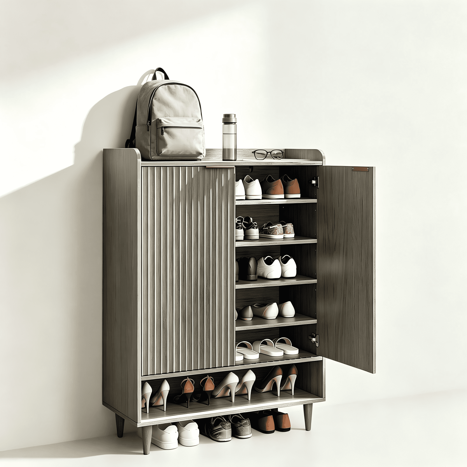 2 Cabinet Doors with Top Railing and 1 Row of Shelves for Shoe Cabinets Melamine Board + MDF Conical Leg Grille Shoe Cabinet, 31.61*14.17*41.97in, Grey Oak
