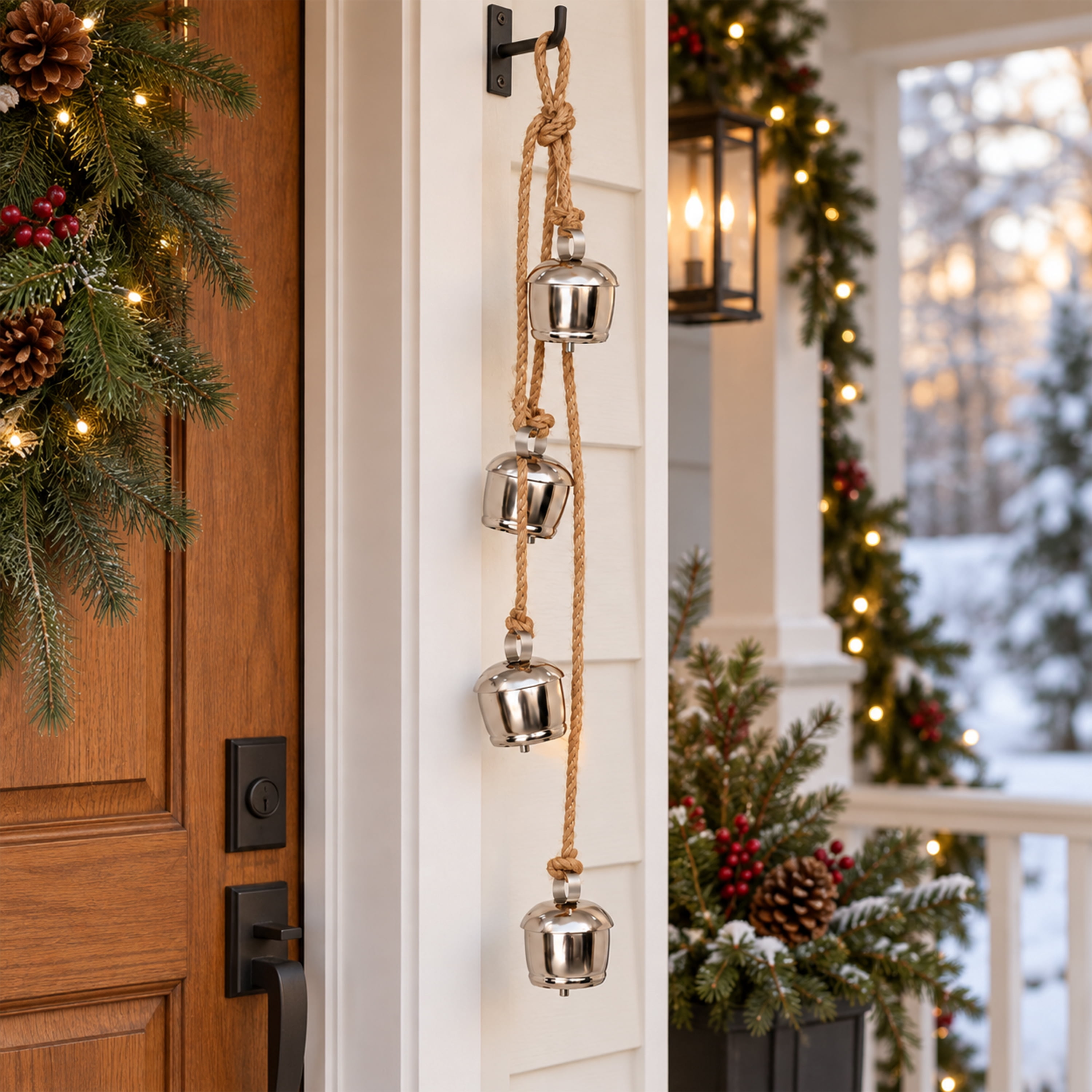 My Texas House 4-Piece Metal Hanging Bells, Silver Finish with Jute