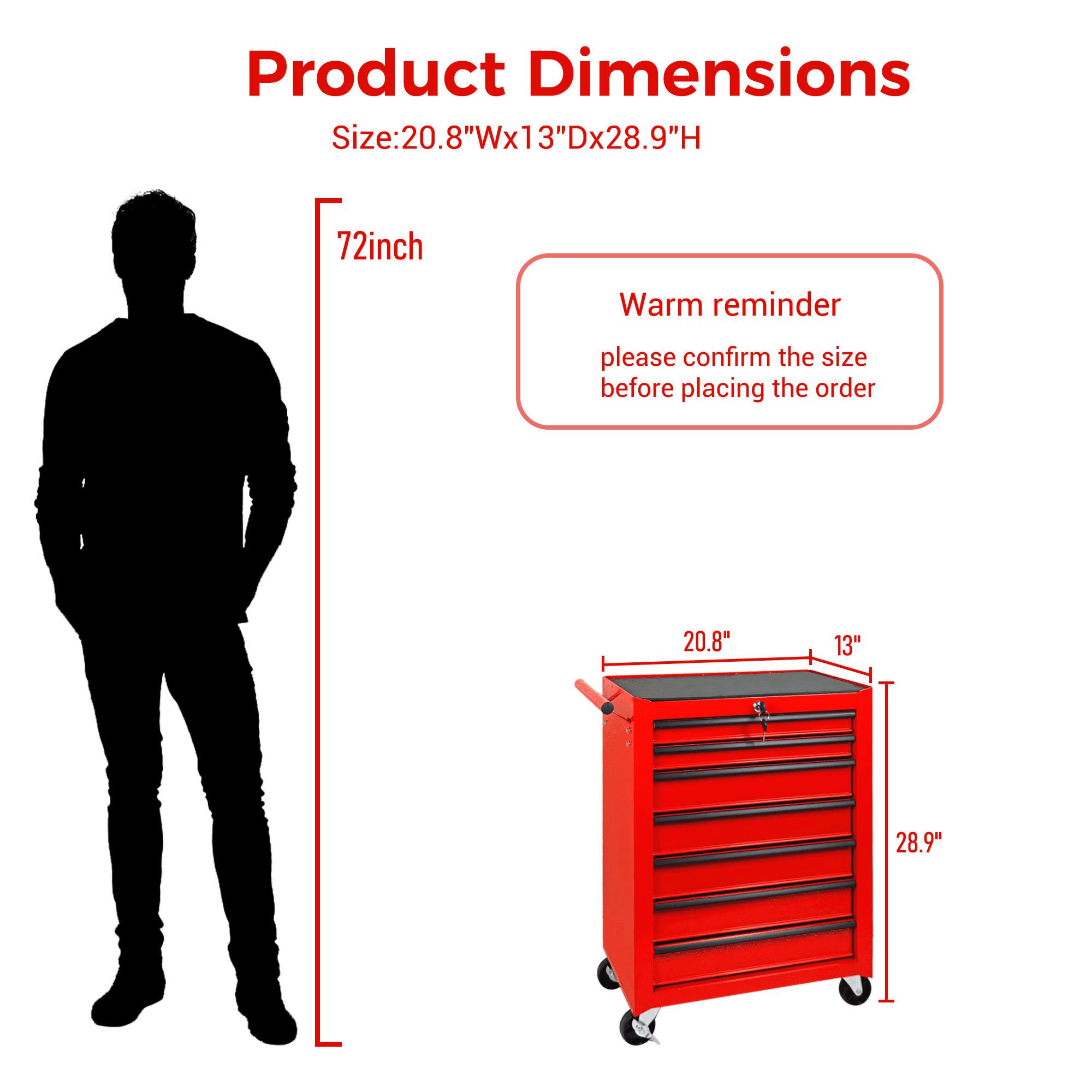 Rolling 20-Inch Metal Tool Chest with 7 Drawers and Ball Bearing Slides, Steel Tool Cabinet for Garage and Workshop, Red