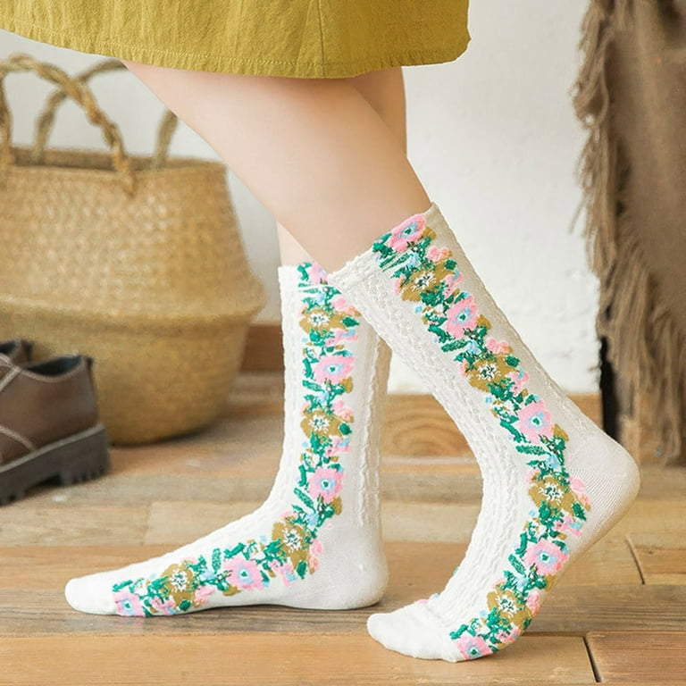 Dadaria Bombas Socks Women Woman Girls Cute Coloer Lace Flowers Breathable  Non-slip Combed Cotton Middle Socks Sox White 均码,Women 