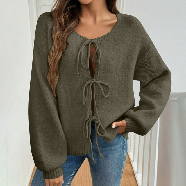 Jienlioq Manteau Long Trench pour Femmes Cardigan Tricoté à Col Rond Couleur Unie Veste à Manches Longues Vert Armée m