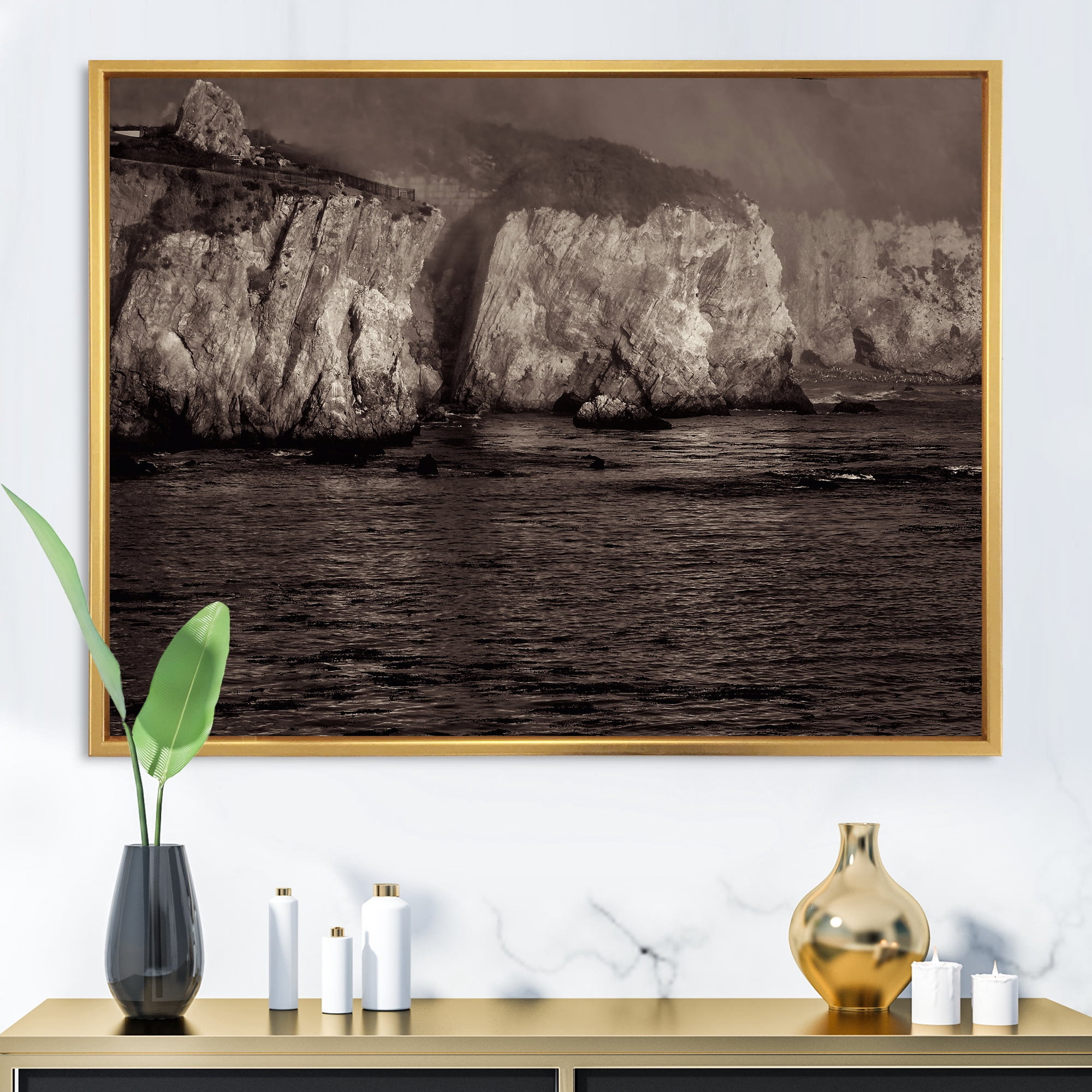 Designart 'Gold Cliffs Over Sea In The Fog' Modern Framed Canvas Wall Art Print