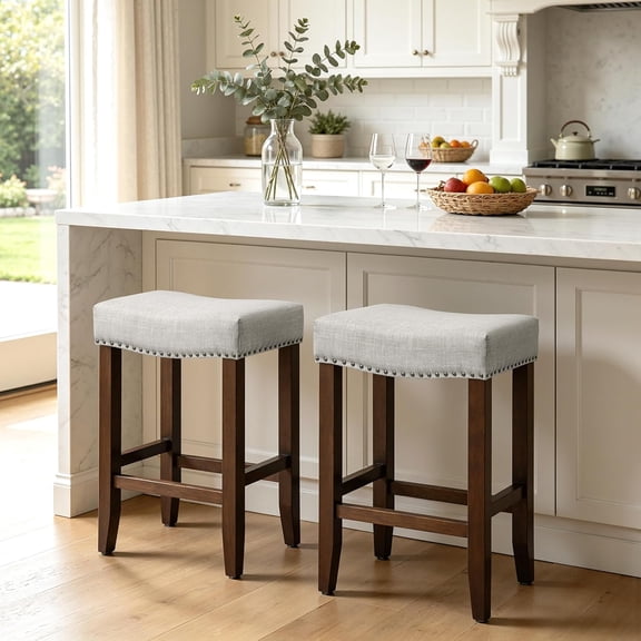 Bar Stools Set of 2, 24 Inch Counter Height Saddle Stools with Nailhead Trim, Backless Upholstered Barstools for Kitchen Island with Wooden Legs, Light Grey, 2 Pack