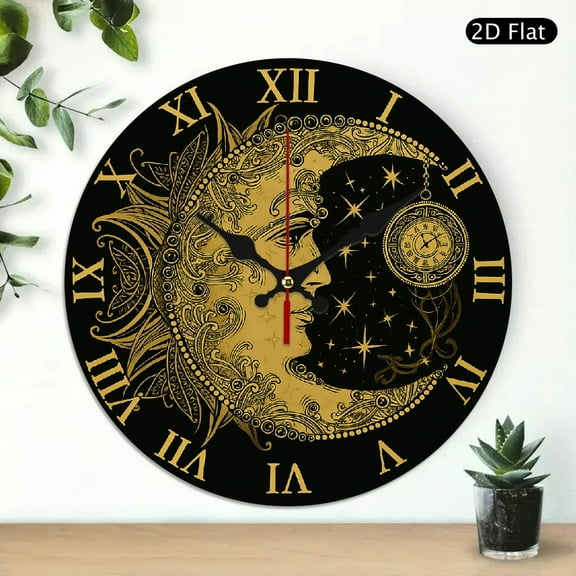 Boho Crescent Moon Sun Wall Clock Silent Non Ticking Wall Clocks Battery Operated Round Wall Decor for Bathroom Kitchen Bedroom 10 in