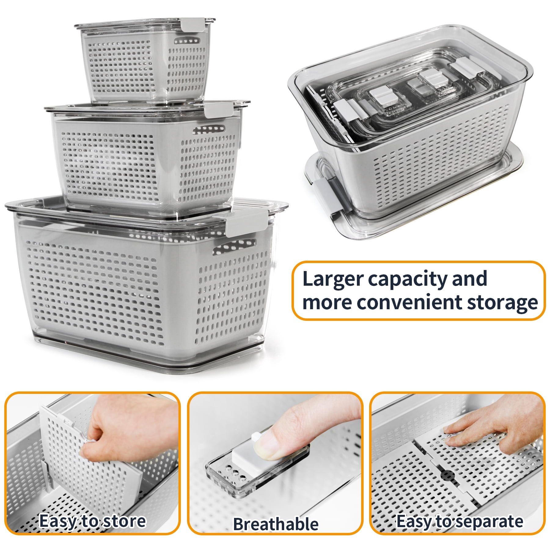 Fresh Container with Vents,3 Pack - Produce Saver Container Vegetable Fruit Partitioned Storage Container Stay Fresh Organizer for Refrigerator, Gray