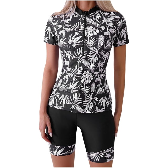Women Two Piece Rash Guard Short Sleeve Swim Shirt with Shorts Swimsuits Zipper Surfing Bathing Suit Swimwear Set