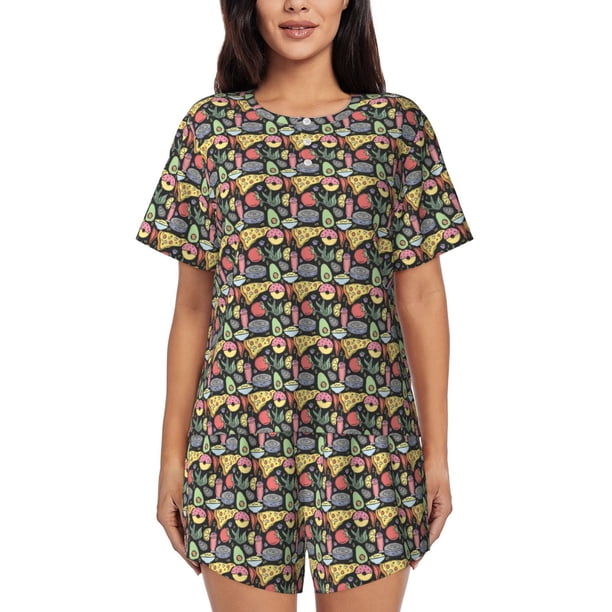 Fotbe Doodle Food Conjunto de Pijama Estampado para Mujer, 2 Piezas, Ropa de Dormir con Camiseta de Manga Corta y Shorts Suaves-4X-Large