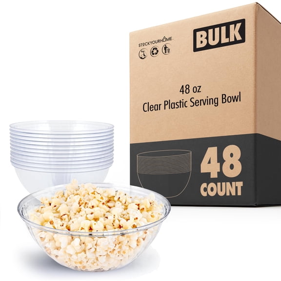 48 oz Clear Plastic Serving Bowls (48 Pack), Disposable Buffet Containers for Chips, Popcorn, Snacks, Salad Bar, Office, Party Supplies