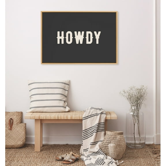 Kate and Laurel Sylvie Howdy Landscape Black Framed Canvas Wall Art by Honey Island Studio, 23x33 Natural, Cute Western Cowboy Art for Wall