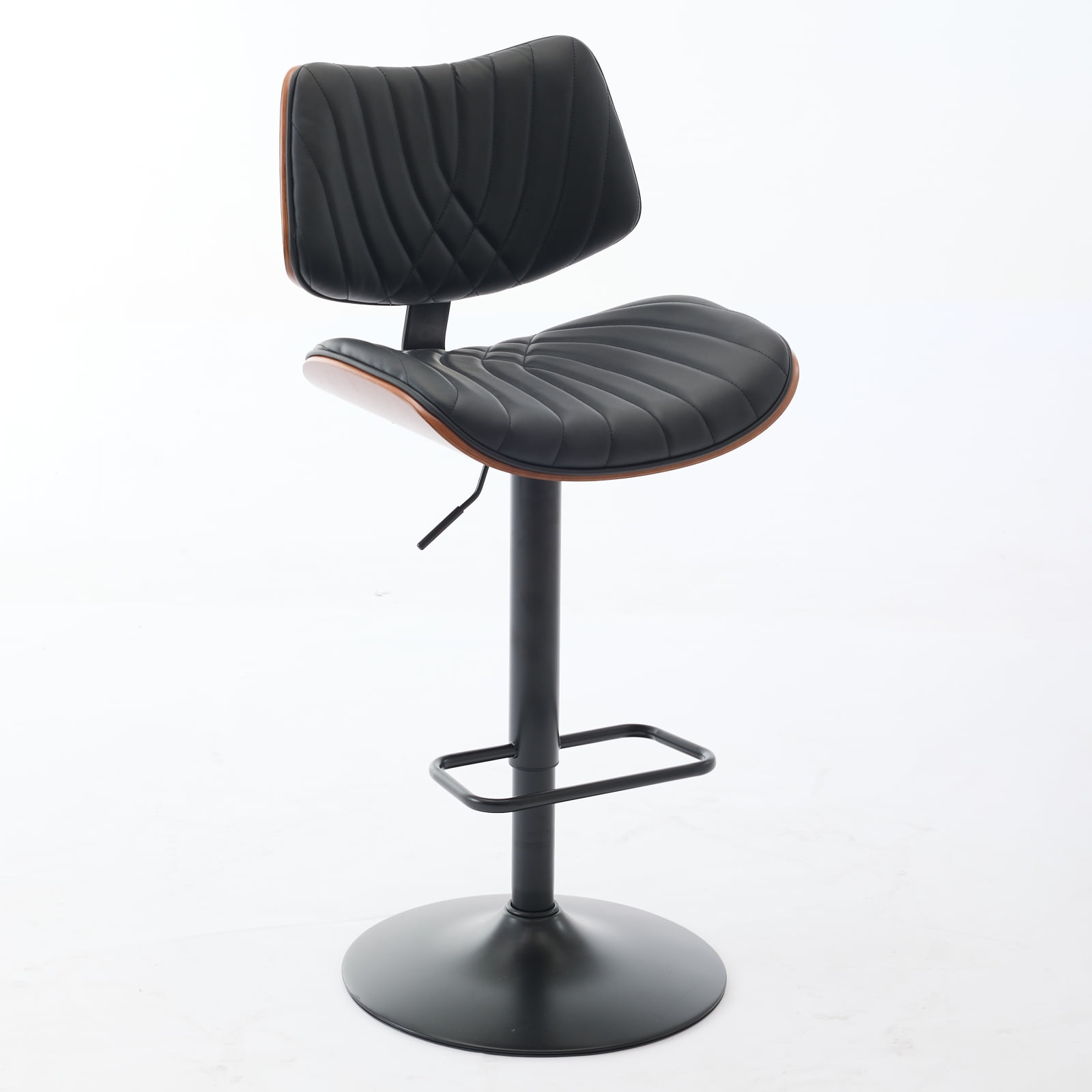 Adjustable Swivel Bar Stools Set of 2 Mid Century Modern Design with Walnut Bentwood and Black PU Leather Upholstery for Kitchen Island