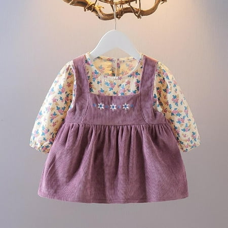 

Bullpiano Spring Autumn Infant Toddler Girls Dresses Casual Big Ear Pocket Fake Two-piece Suspender Dress Baby Girl Print Clothes
