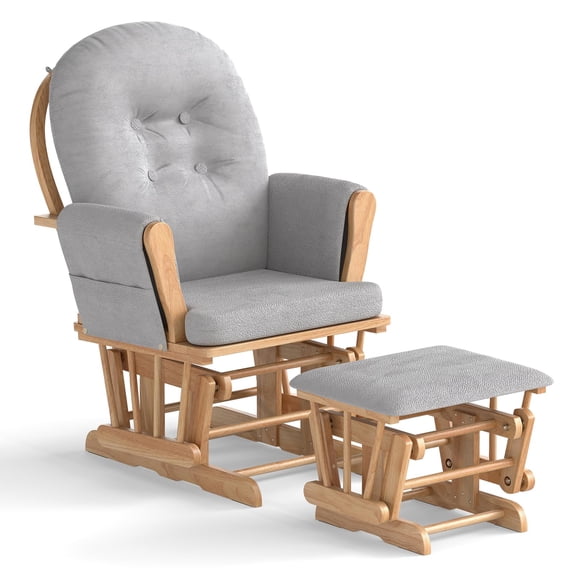 Natural Upholstered Glider Rocking Chair With Ottoman, Solid Wood Base