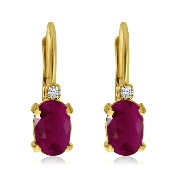 14k Yellow Gold Oval Ruby and Diamond Leverback Earrings