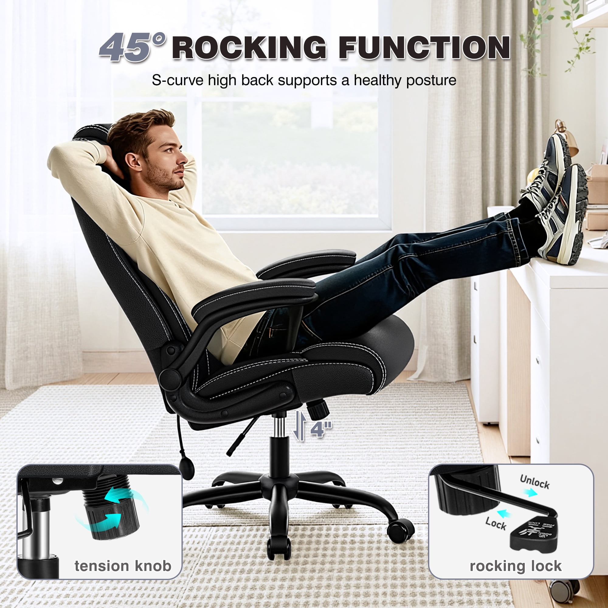 Primy Ergonomic Office Chair with Adjustable Air Lumbar, Home Desk Computer Chair, Leather High-Back Executive Chairs with Flip-Up Arms, Rocking Swivel Comfort