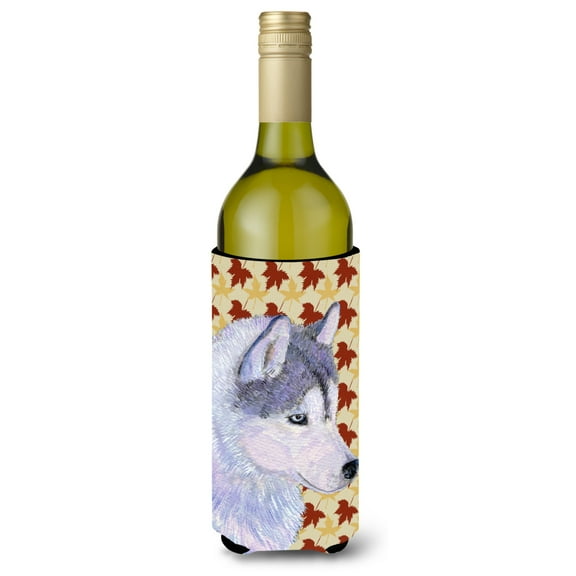 Siberian Husky Fall Leaves Portrait Wine Bottle Hugger