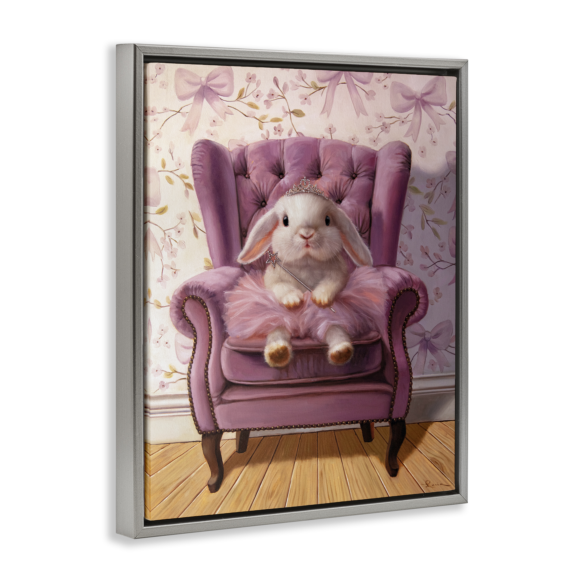 Pink Princess Tutu Bunny Gray Framed Floater Canvas Wall Art, design by Lucia Heffernan