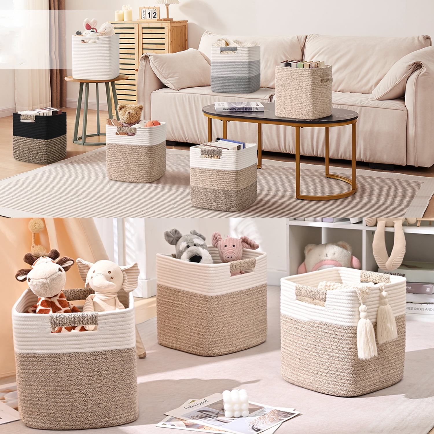 Natubeau 3 Pack Woven Storage Basket for Shelves, 11 Inch Cube Storage Bins, Cotton Rope Woven Baskets for Organizing, Gradient Jute