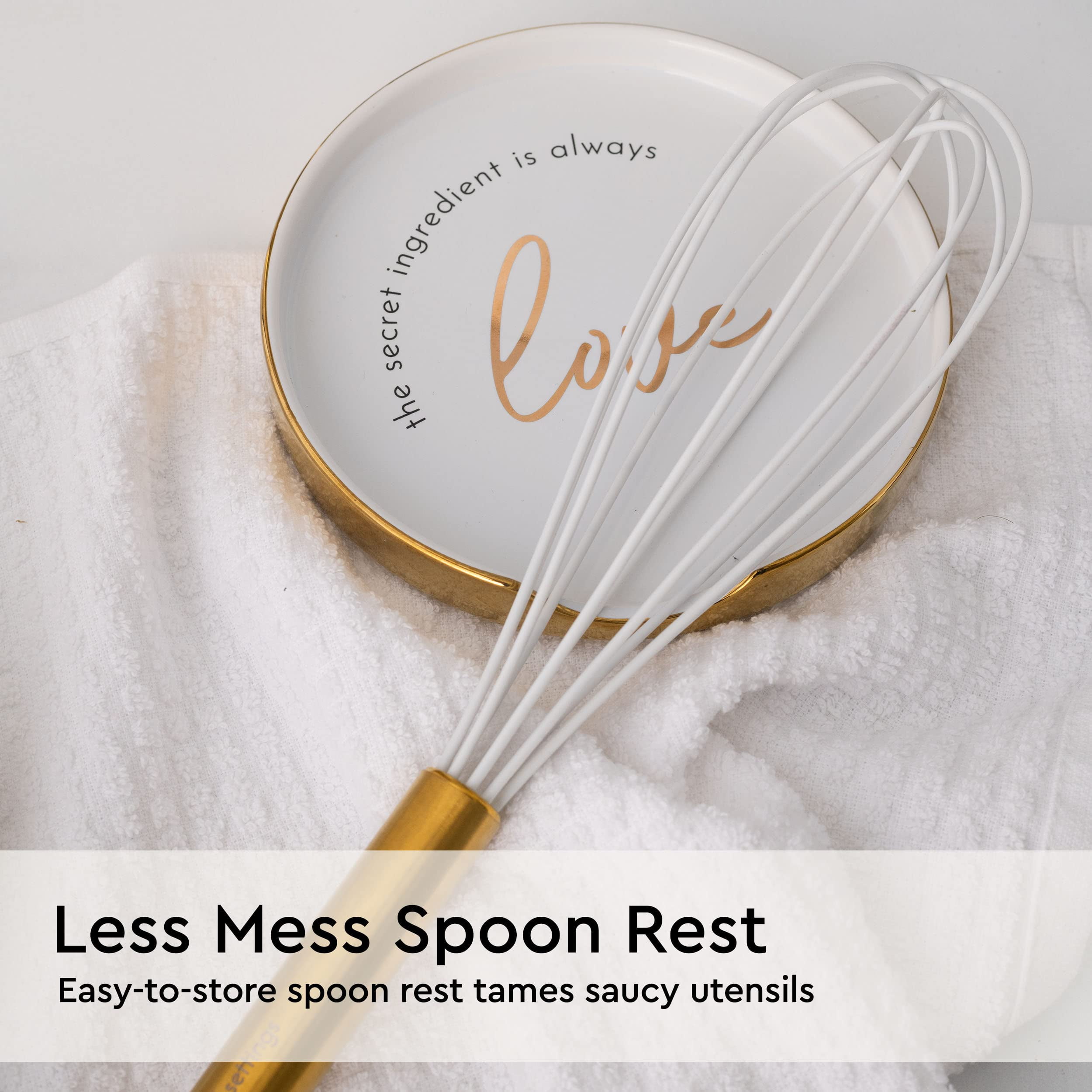 White Utensil Holder with Built-In Ceramic Spoon Rest - 2 PC Luxe White & Gold Utensil Holder for Countertop Includes Large Utensil Holder & White and Gold Spoon Rest - Utensils Not Included