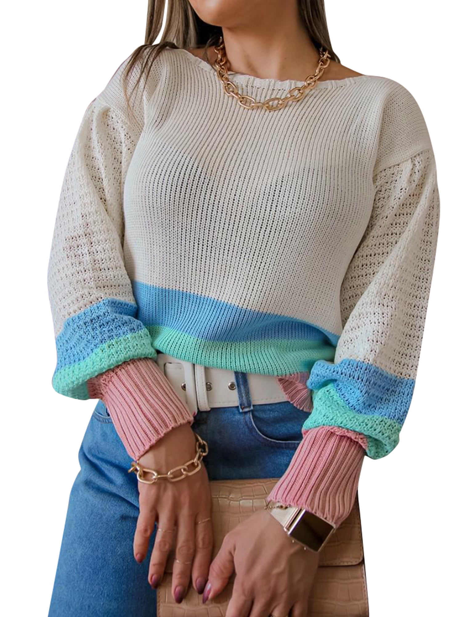 Nananla Women's Classic Sweater Colorblock Long Sleeve Casual Sweater