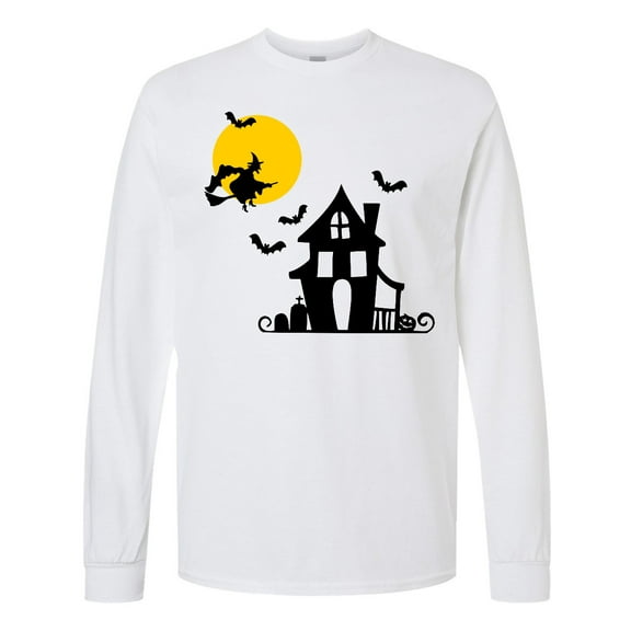 Inktastic Halloween Haunted House Witch and Bats Long Sleeve T-Shirt