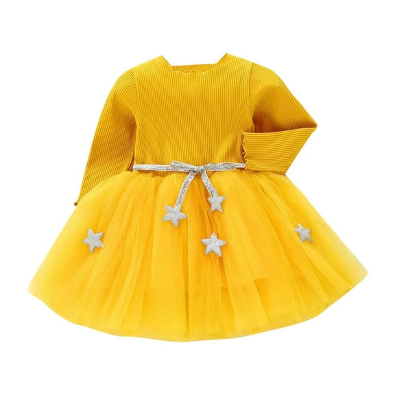 Odeerbi Toddler Girls Fall Winter Princess Dresses Cute Long Sleeve Dress Round Neck Bow Skirt Yellow