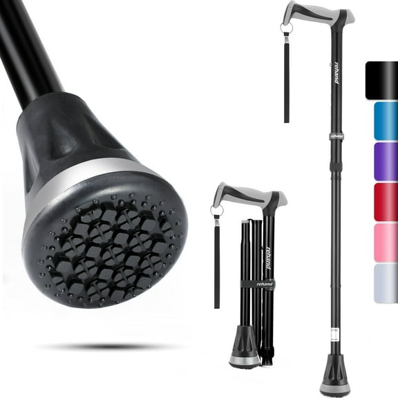 REHAND Adjustable Foldable Walking Cane for Seniors - Lightweight Heavy Duty Canes with Non-Slip Grip, Collapsible Design (Black)