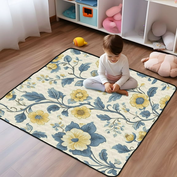 WOBOGO Yellow Vintage Floral Pattern Baby Playmats Extra Large Waterproof Rollable Activity Pads for Toddlers 50×50inch