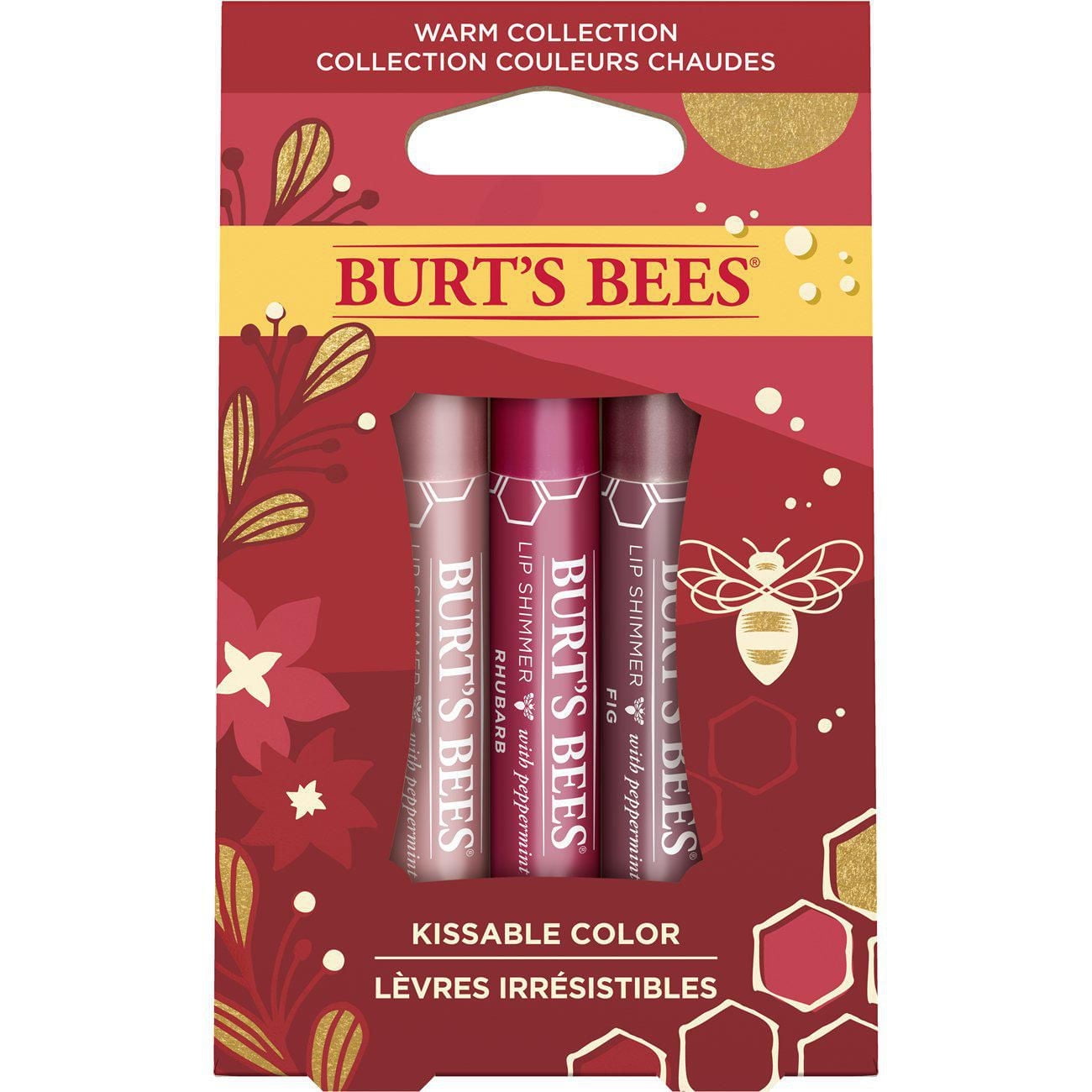 Trousse des fêtes «Lèvres irrésistibles» de Burt’s Bees de la collection «couleurs chaudes» avec 3 brillants scintillants (pivoine, rhubarbe et figue)