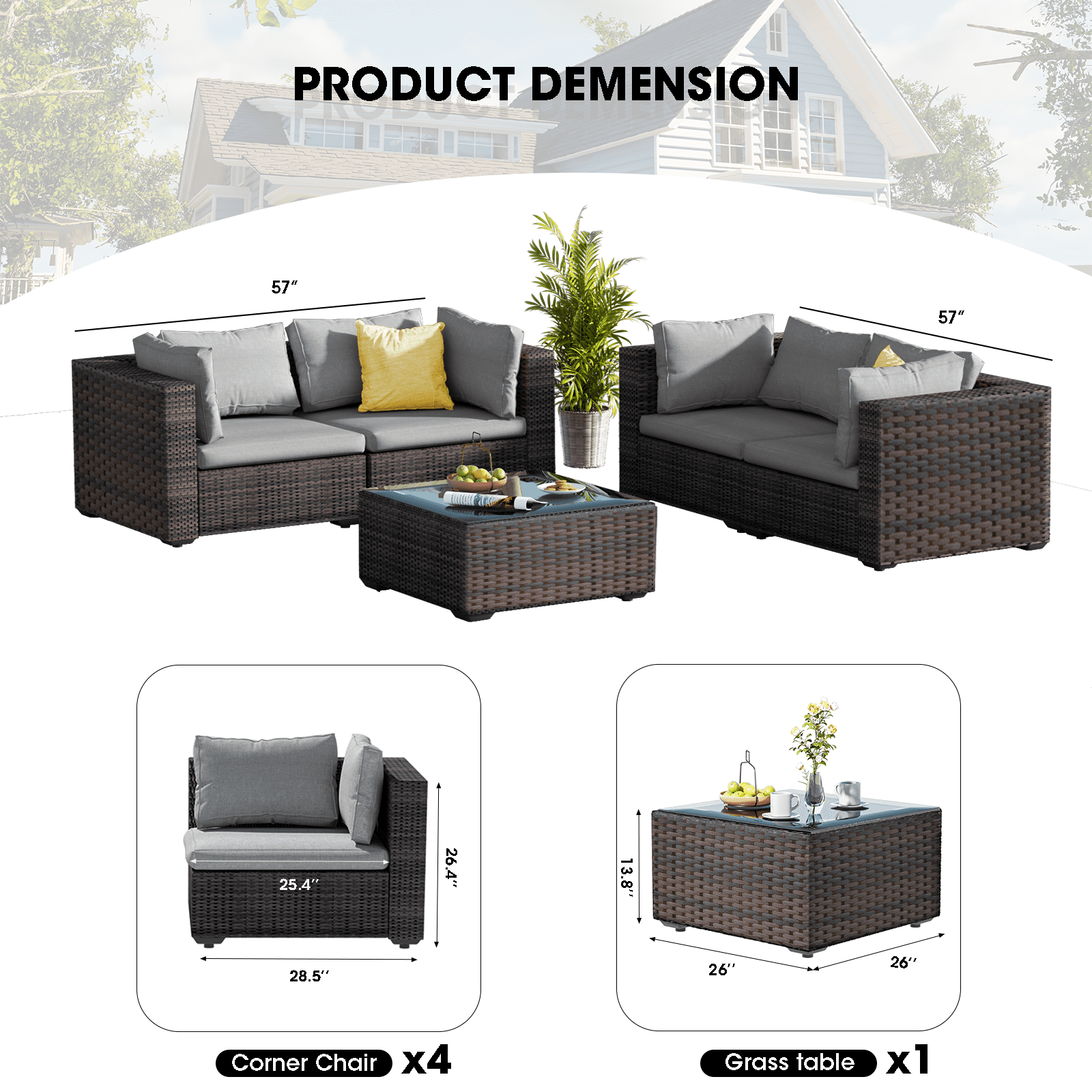 TANGJEAMER 5 Piece Patio Furniture Set, All Weather Outdoor Sectional PE Rattan, Patio Conversation Sets with Cushions and Glass Coffee Table for Garden Lawn Balcony Porch Deck, Grey