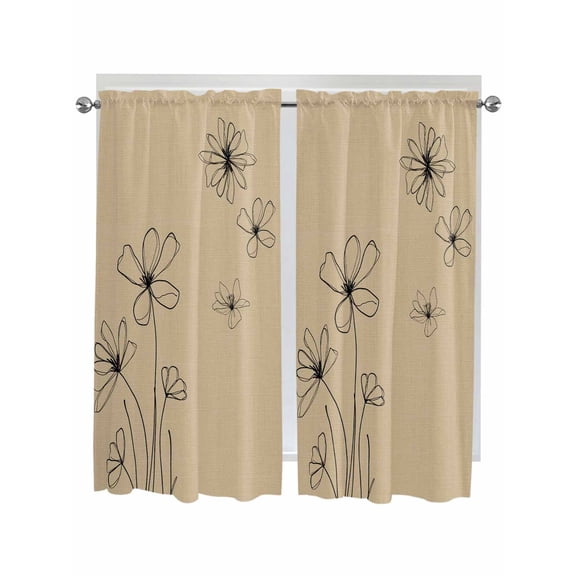 Black Khaki Bathroom Window Curtain, Spring Flora Light Filtering Coffee Kitchen Curtains, Bedroom Living Room Curtains 2 Panel 84"x63"