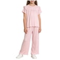 thumbnail image 3 of BRGZLK Toddler Girls 2 Piece Summer Outfits Ruffle Short Sleeve Long Pants T-Shirts and Wide Leg Pants Round Neck Sets Kids Lounge Tracksuits, 3 of 7