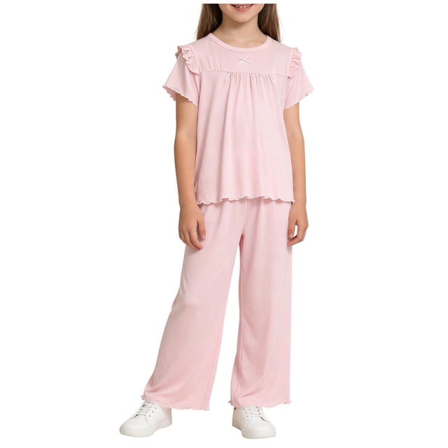 Pajama Set for Girls Short Sleeve and Pants Princess Lace Trim Modal Spring Summer Thin Air Conditioning Home Wear Sleepwear