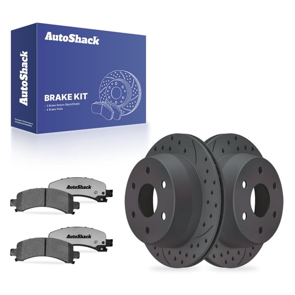 AutoShack Rear Vented Drilled & Slotted Coated Brake Rotors Black Matte Finish   Ceramic Pads 6-PC Brake Kit Replacement for 2003-2014 Chevrolet Express 1500 BlackShield 12.99" (330 mm)