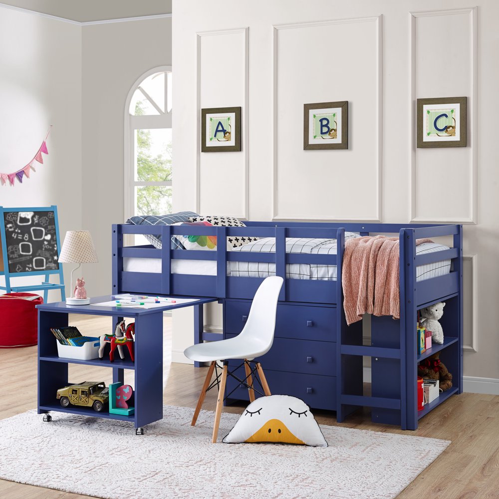 Naomi Home Low Study Loft Bed, Navy/Twin