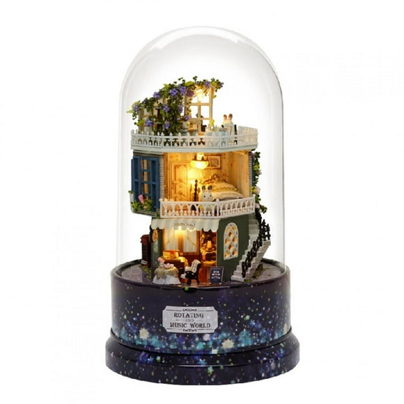 YUMILI Maison de poupée Bricolage, Maison de poupée Bricolage Maison de rêve Miniature avec Couvercle Anti-poussière de boîte à Musique rotative lumière LED