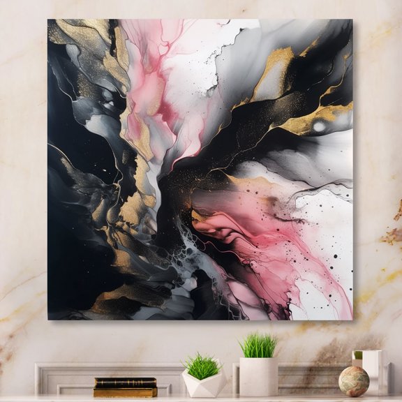 Designart "Marble Splash Black and Gold III" Abstract Marble Metal Wall Art Prints