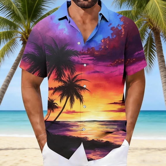 PNTUTB Summer Men's Fashion Hawaiian Print Casual Loose Comfort Collared Short Sleeve Button Front Top with Pockets