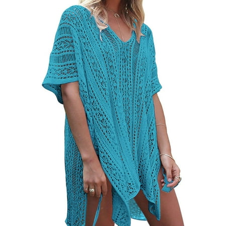 Women Summer Knitted Lace Crochet Swim Cover Up V Neck Hollow Out ...