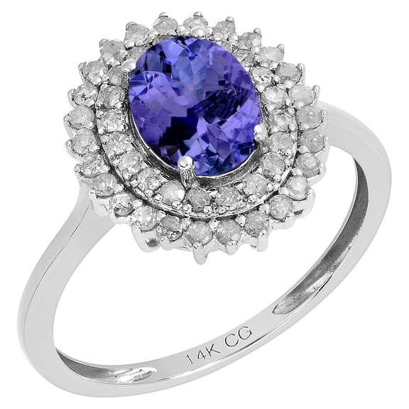 14k Solid White Gold Oval Natural Tanzanite and Double Halo Natural Diamond Birthstone Engagement Ring