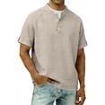 thumbnail image 2 of Mens Casual T Shirts Short Sleeve V Neck Henley Linen Shirt Button Basic Fashion Summer Beach Top Button Up Collar Shirt Khaki L, 2 of 8