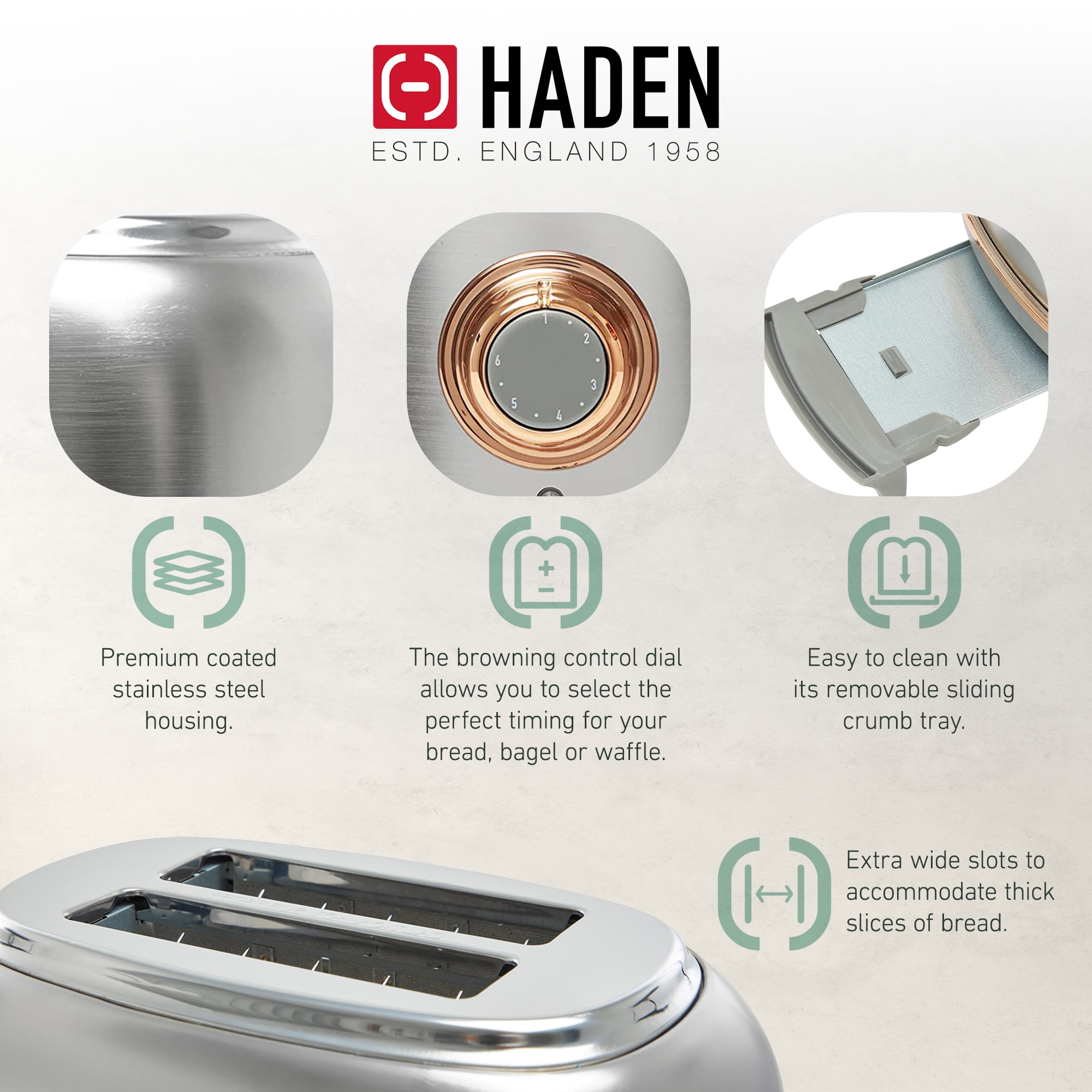 Open Box Haden 2 Slice Wide Slot Toaster w/Removable Crumb Tray, Steel/Copper