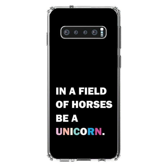 DistinctInk Clear Shockproof Hybrid Case for Samsung Galaxy S10  PLUS(6.4" Screen) - TPU Bumper, Acrylic Back, Tempered Glass Screen Protector - In a Field of Horses, Be a Unicorn - Rainbow