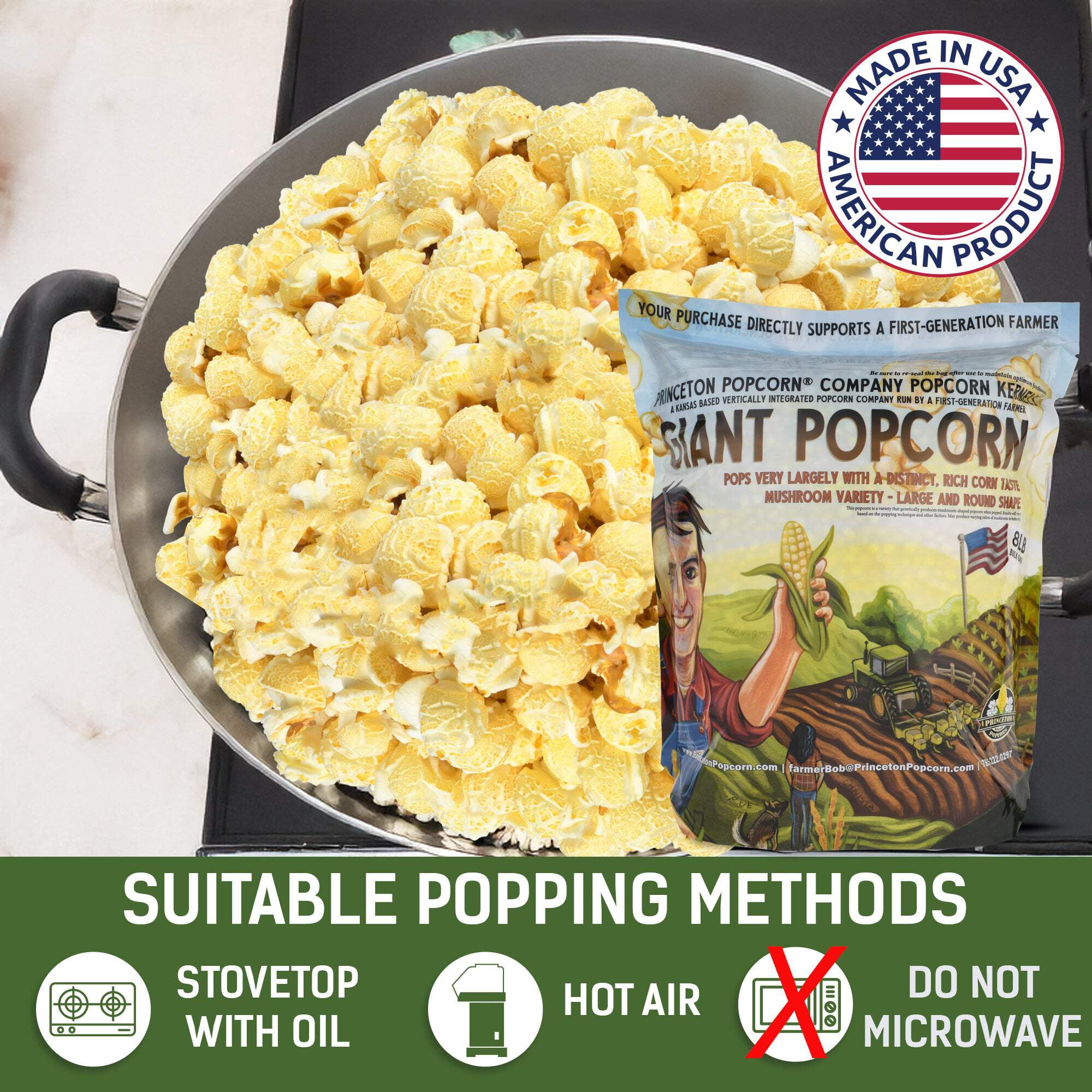 Giant Popcorn Kernels by Princeton Popcorn Farm Grown, Non GMO, Gluten Free UnPopped, Ball Shaped, Old Fashion Popcorn Pops Extra Large, Popping Corn for Air Popper & Stovetop 8lbs