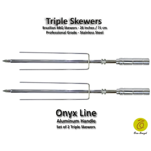 Triple - Set of 2 Brazilian Skewers for BBQ 28" - Aluminum Handle
