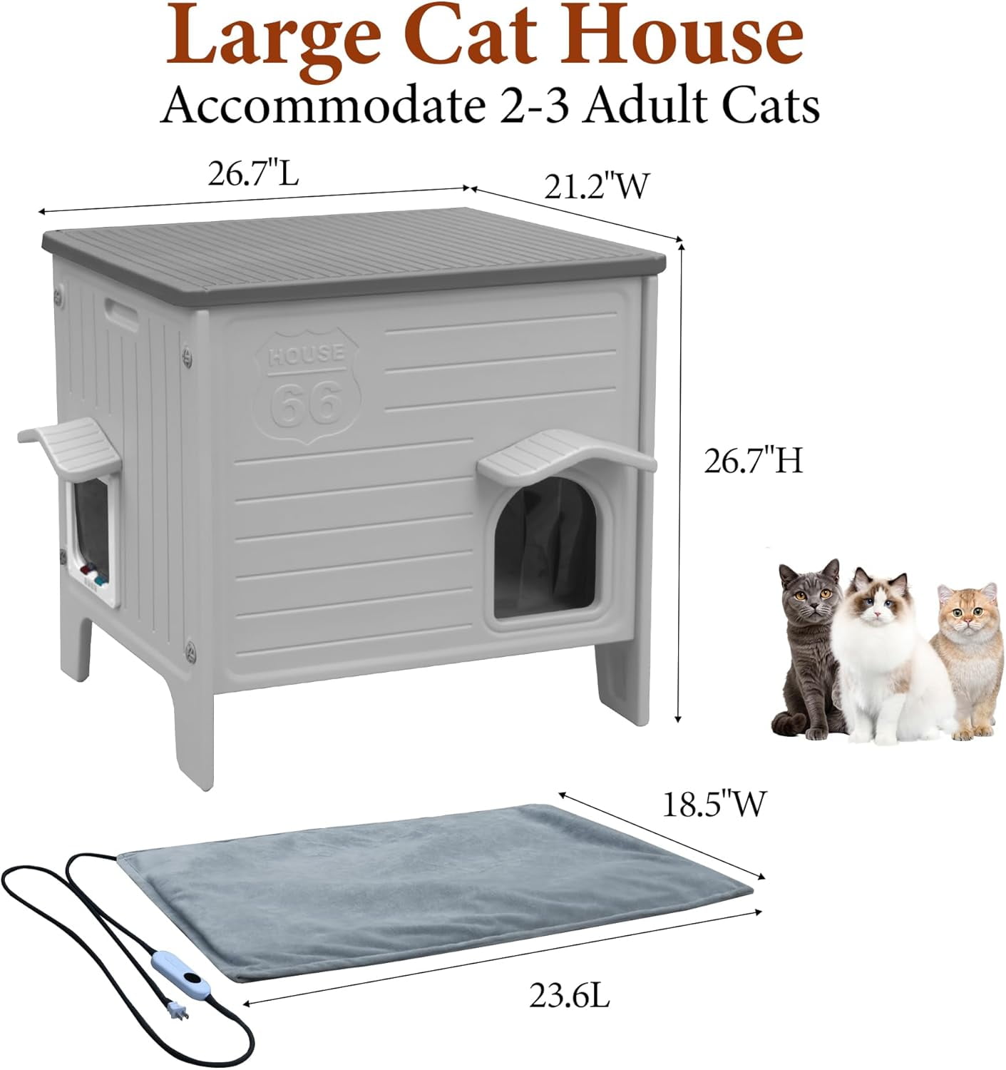 Heated Cat House for Outside in Winter, 100% Waterproof & Insulated Heated Cat House for Outdoor Cats with Heating Pad, Elevated Outdoor Cat House Safe Escape Door