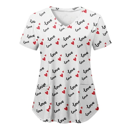 

Heart Printed Working Uniform Women Print Short Sleeve V Neck shirts Blouse Tops Pockets Top Scrubs Uniform Nurses
